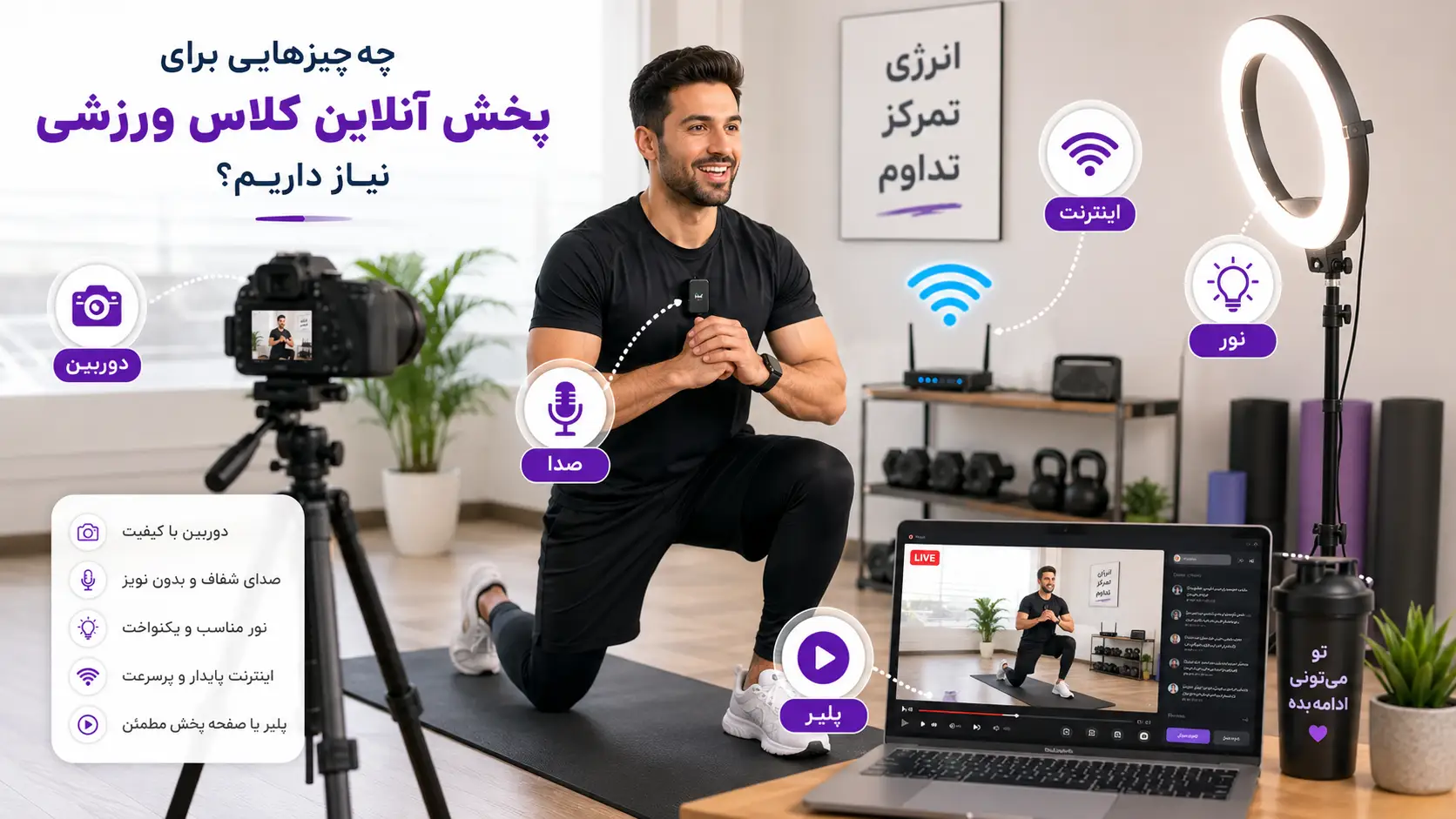 برای پخش آنلاین کلاس بدنسازی چه چیزهایی لازم است؟ پخش آنلاین کلاس بدنسازی